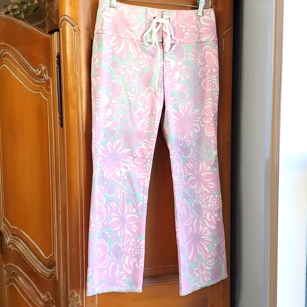 TIBI, women's size 4, lace-up pants. Pink floral print. Hippy style